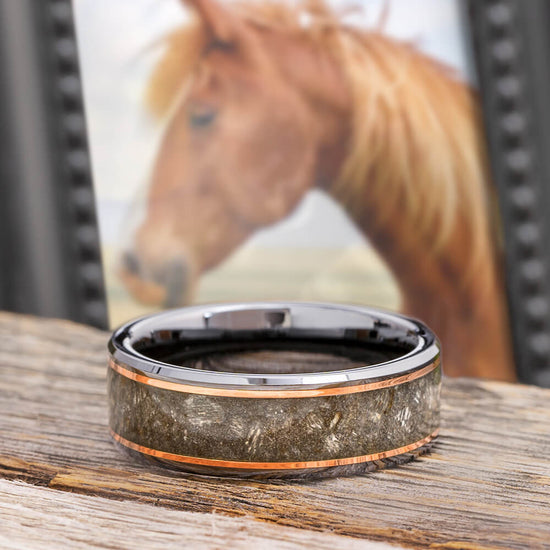 Midas Horse Hoof Tungsten Memorial Ring With Rose Gold Pinstripes